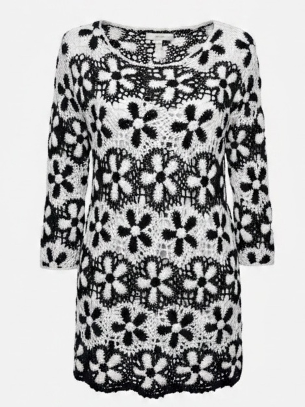 Tanjay Black White Crochet Knit Tunic Sweater Womens size Medium